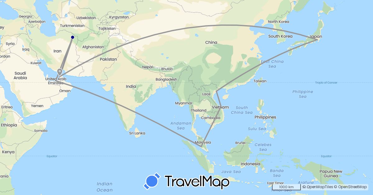TravelMap itinerary: driving, plane in United Arab Emirates, Iran, Japan, Malaysia, Vietnam (Asia)